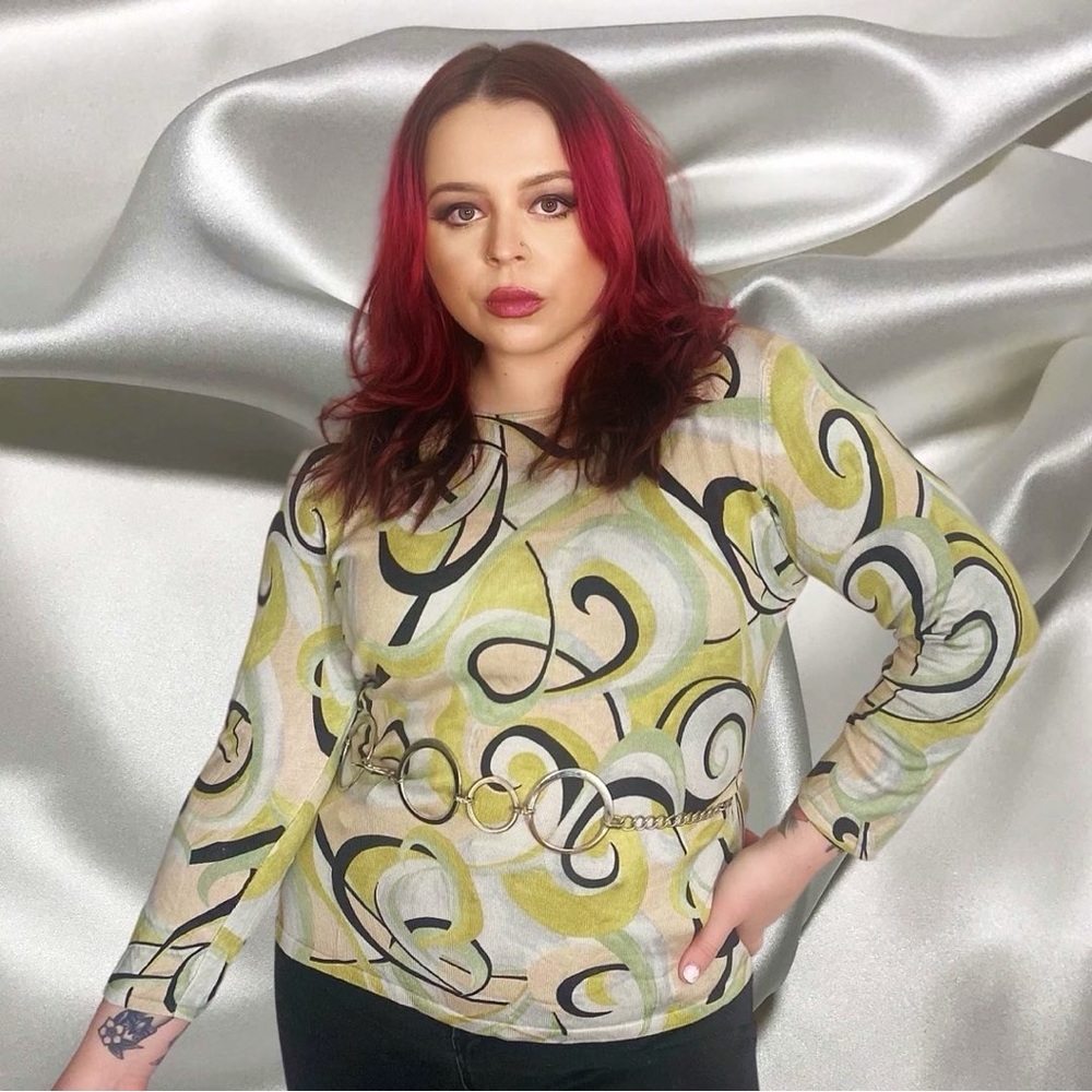 Y2K Groovy Print 3/4 Length Silk Sweater